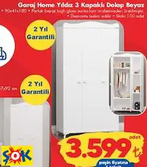 GARAJ HOME YILDIZ 3 KAPAKLI DOLAP BEYAZ
